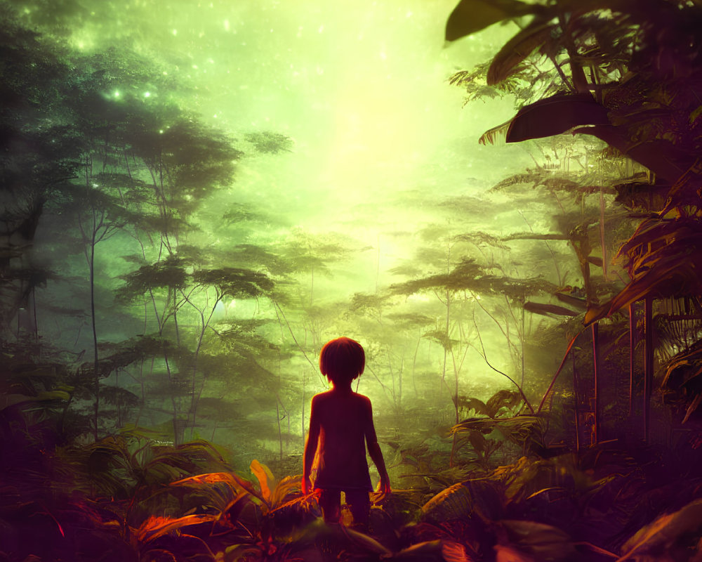 Child in lush forest with fog and starry sky.