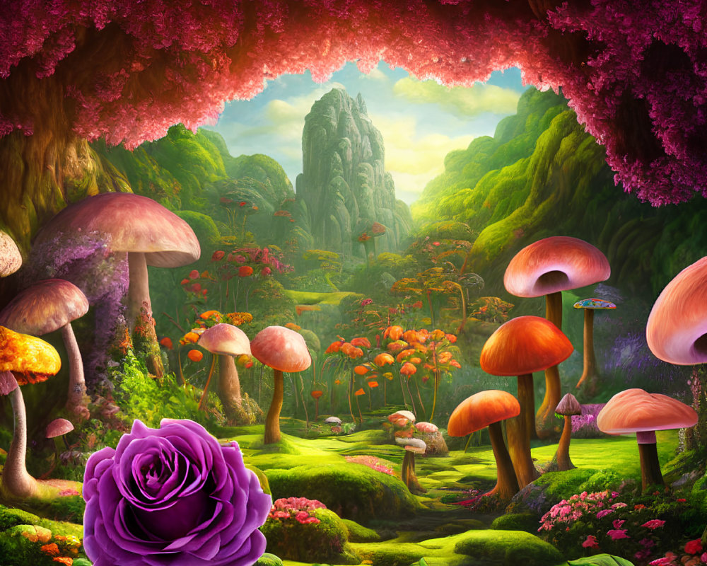 Colorful Fantasy Landscape with Oversized Mushrooms, Purple Rose, Greenery, and Mystical Mountain