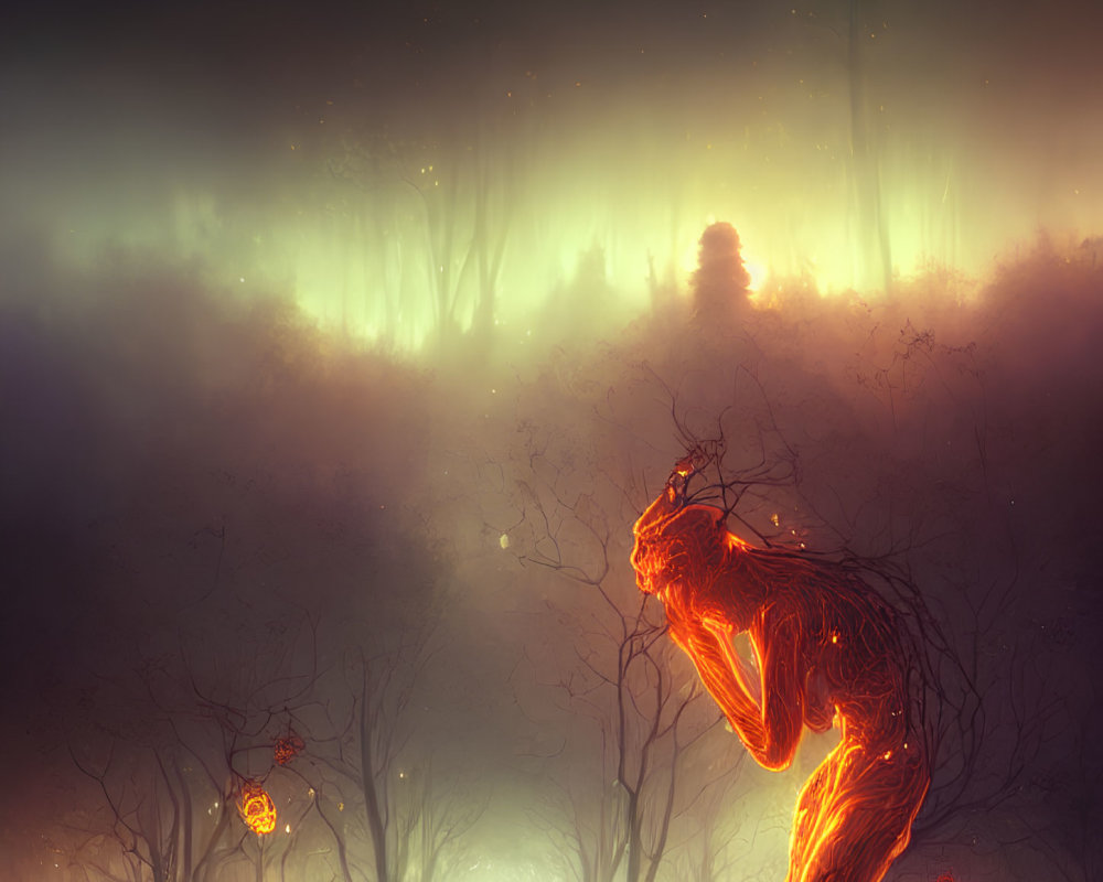 Ethereal forest scene at dusk with glowing humanoid figure and northern lights