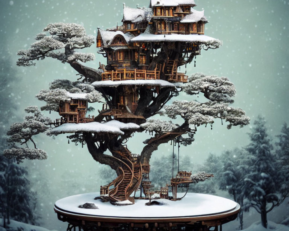 Wooden treehouse in snowy landscape with multiple levels