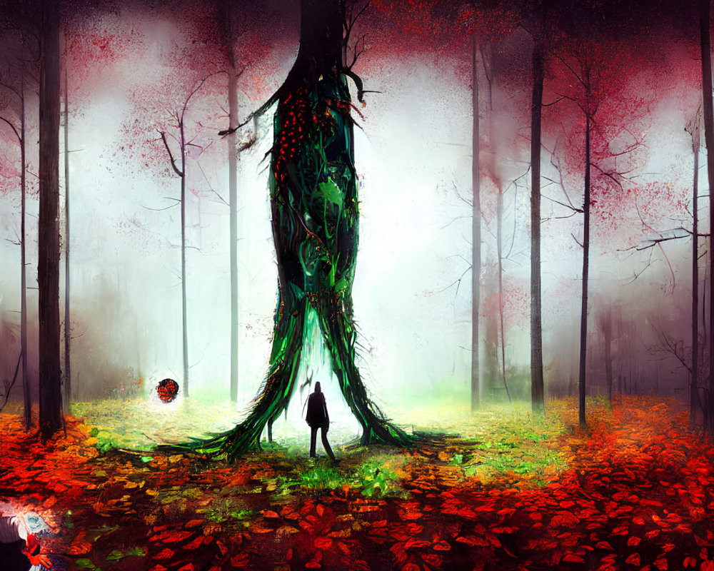 Mystical tree with glowing green patterns in foggy red-leafed forest