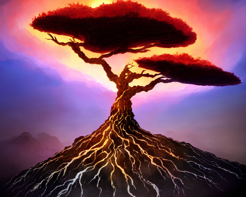 Fantastical tree with lava-like roots under vibrant sky