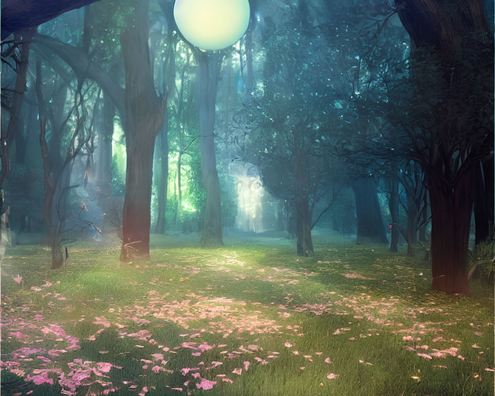 Enchanting forest scene with glowing orb, pink petals, mist, and sunlight.