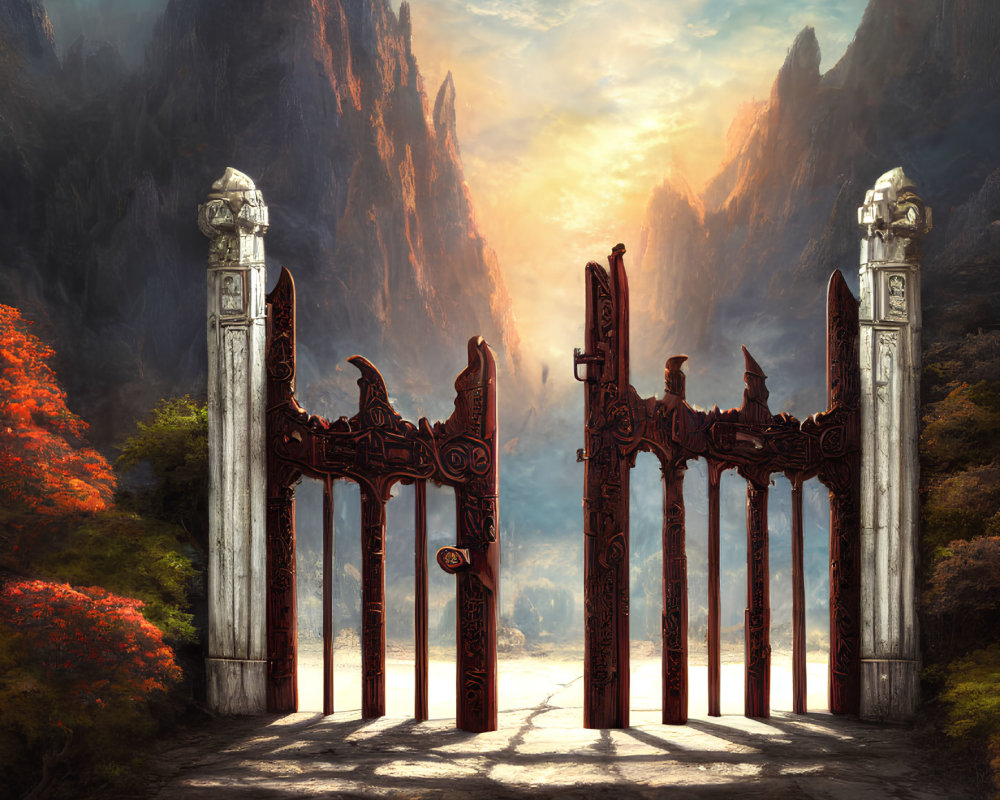 Intricate Carved Gate Surrounded by Cliffs, Sunrise, and Autumn Trees