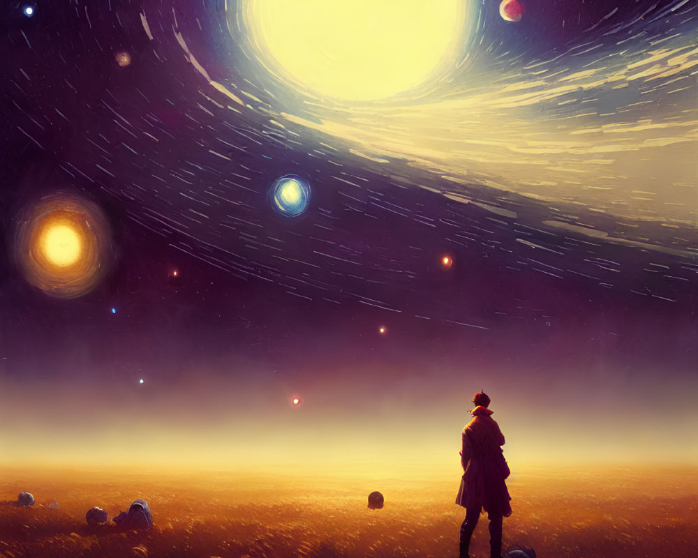 Figure standing in misty field under vibrant cosmic sky