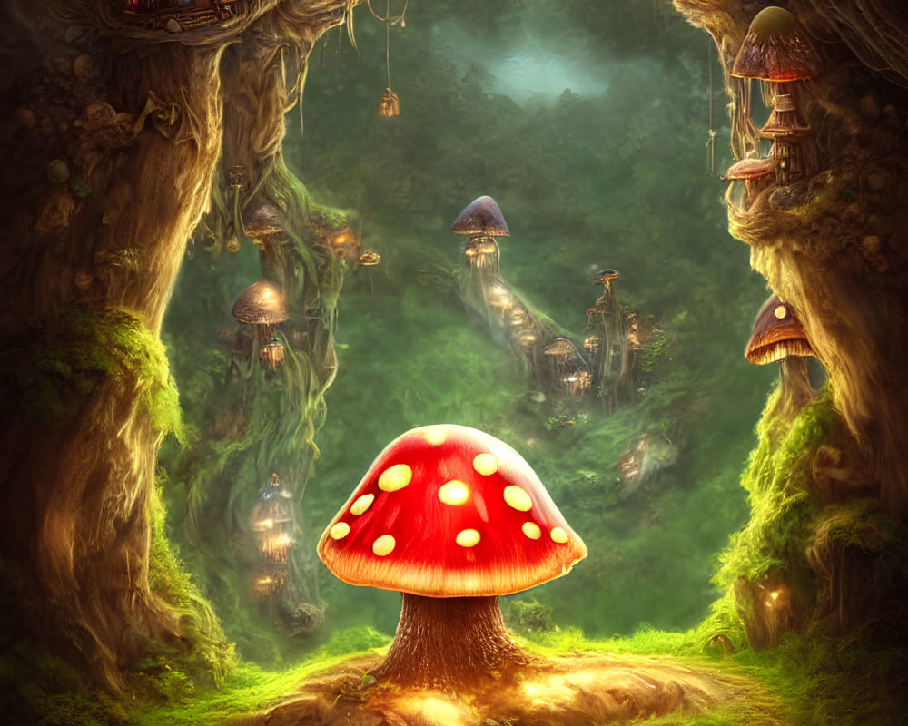 Enchanting forest scene with fantastical mushroom houses and large red-and-white mushroom