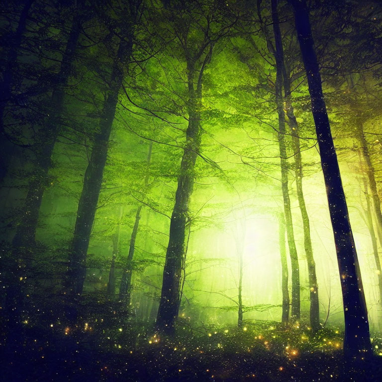 Enchanting green forest with tall trees in foggy ambiance