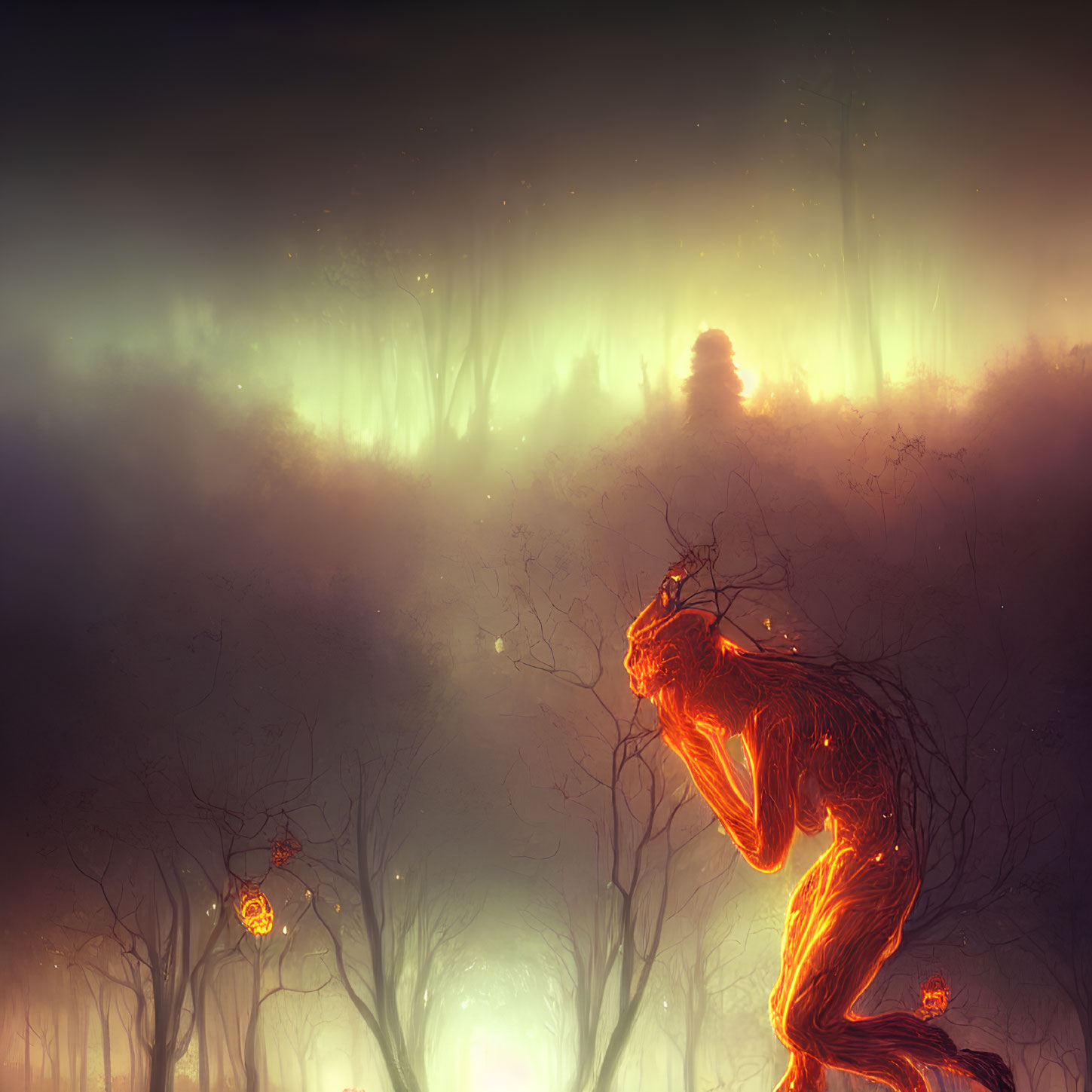 Ethereal forest scene at dusk with glowing humanoid figure and northern lights