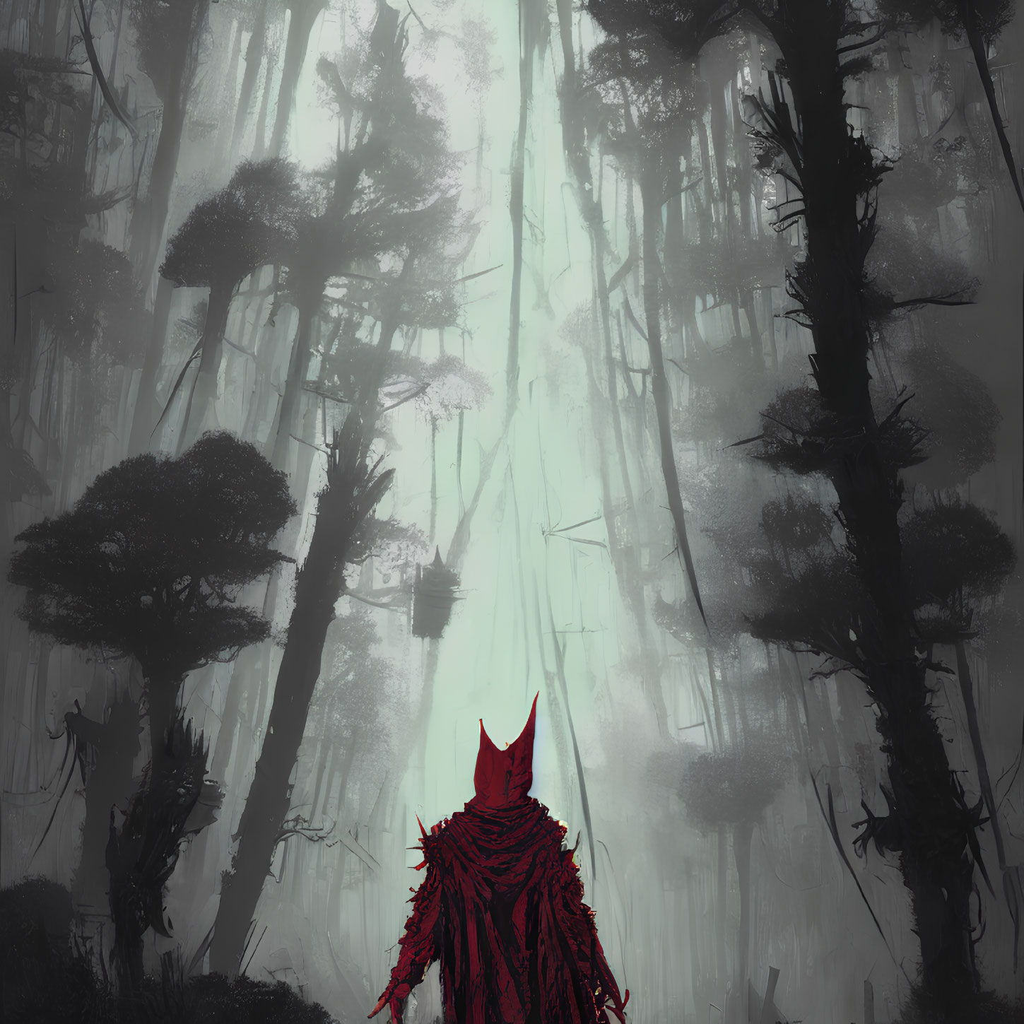 Misty forest scene with cloaked figure and towering trees