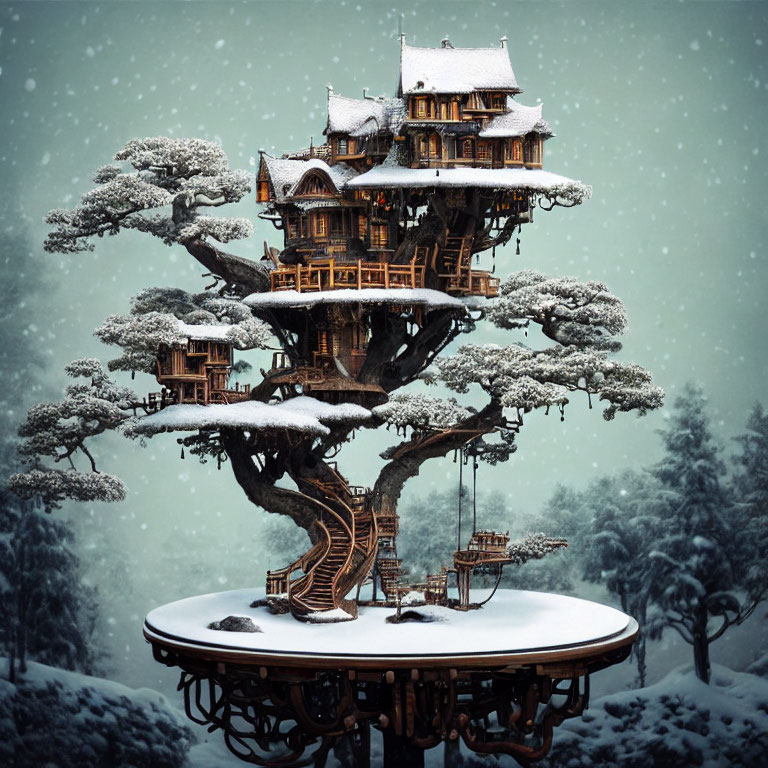 Wooden treehouse in snowy landscape with multiple levels