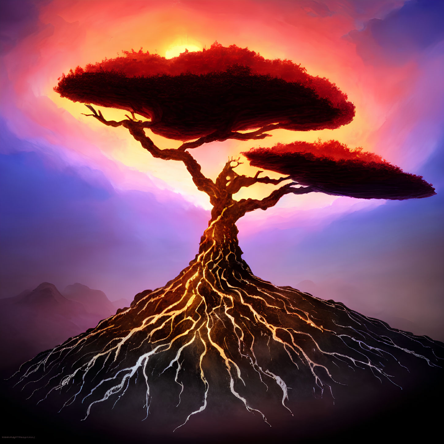 Fantastical tree with lava-like roots under vibrant sky