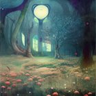 Enchanting forest scene with glowing orb, pink petals, mist, and sunlight.