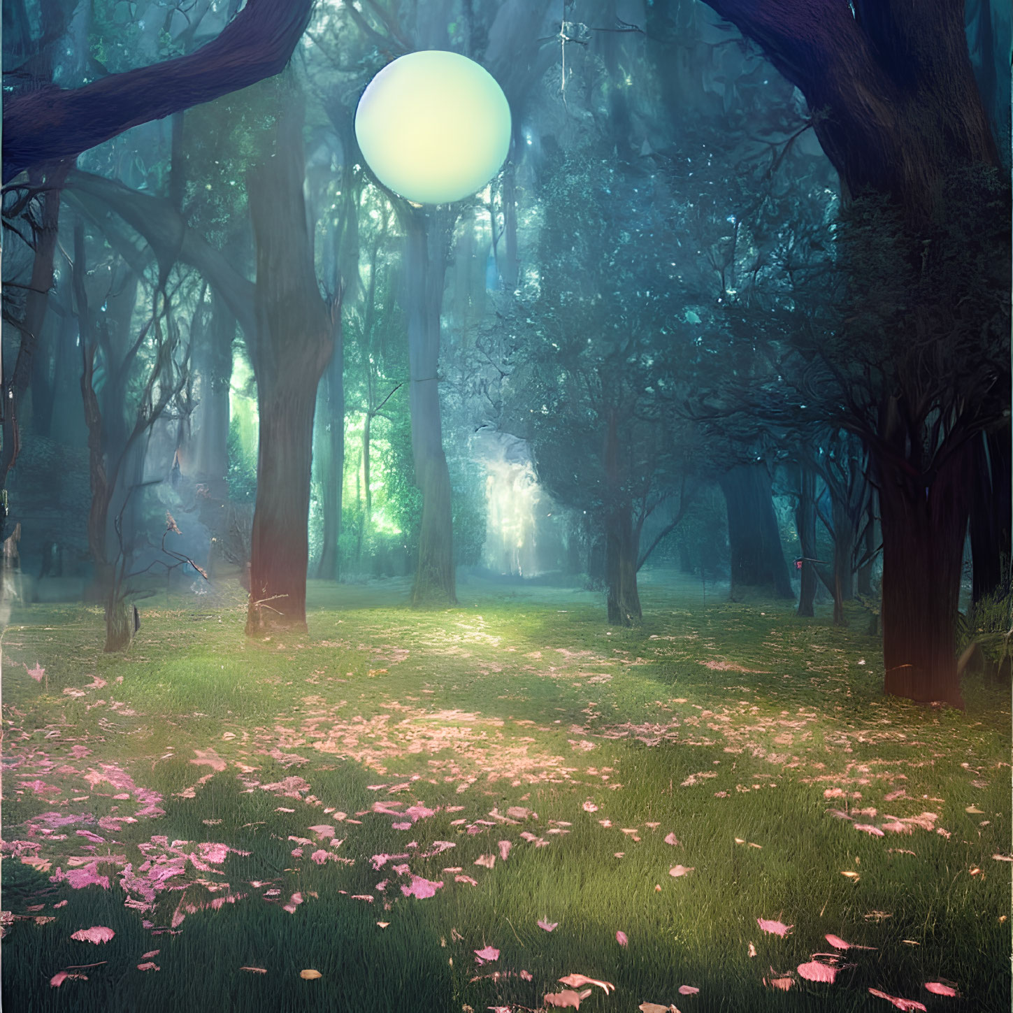 Enchanting forest scene with glowing orb, pink petals, mist, and sunlight.