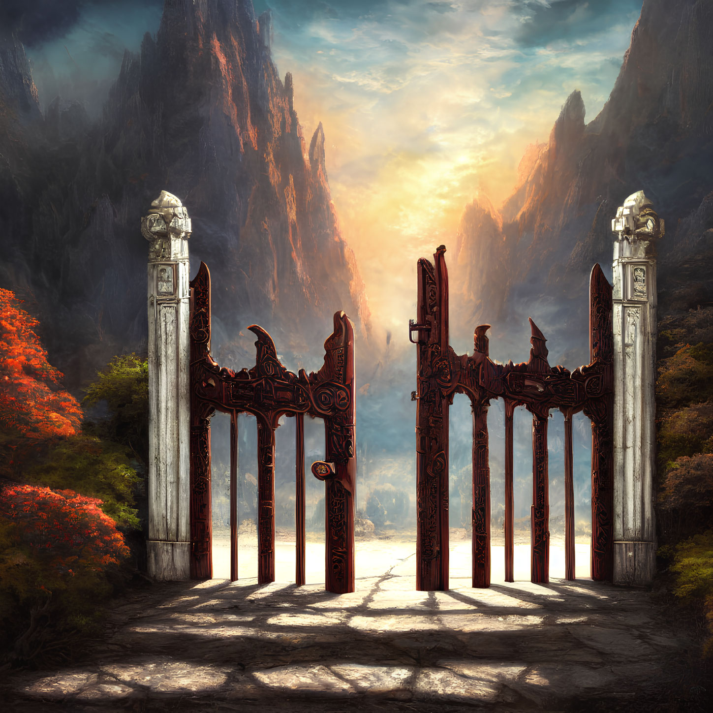 Intricate Carved Gate Surrounded by Cliffs, Sunrise, and Autumn Trees