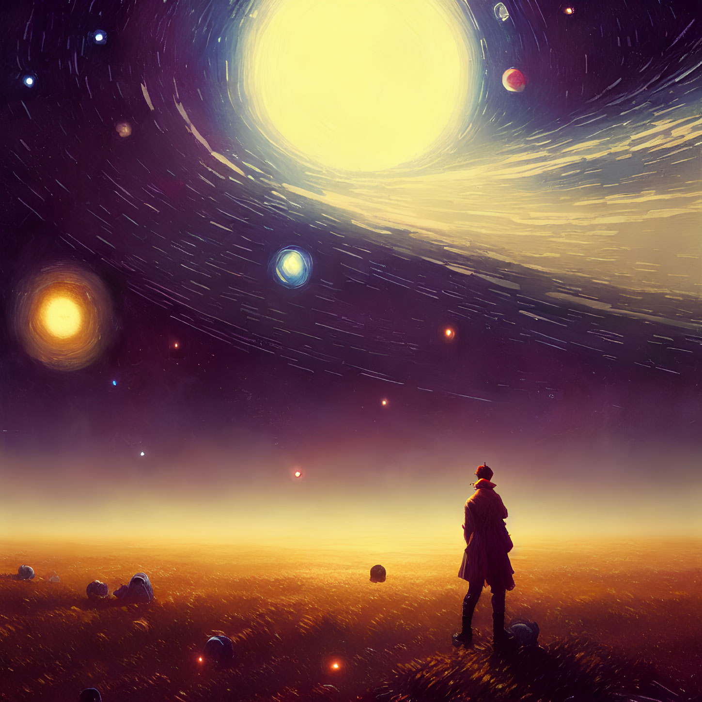 Figure standing in misty field under vibrant cosmic sky