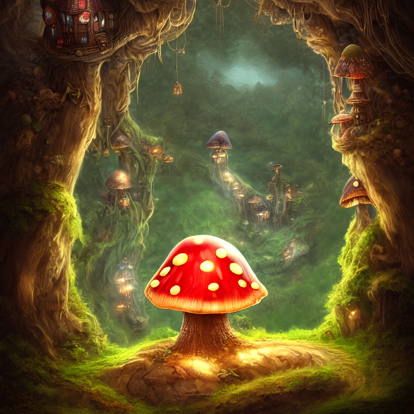 Enchanting forest scene with fantastical mushroom houses and large red-and-white mushroom