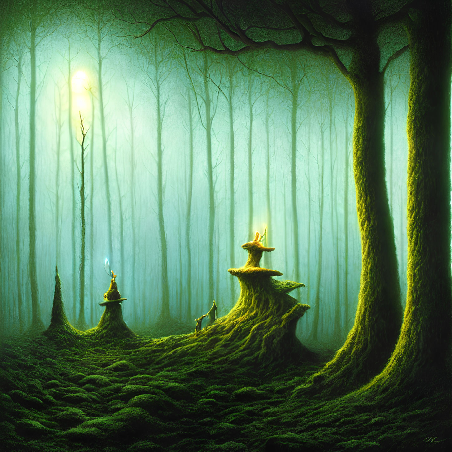 Enchanting Green Forest with Glowing Lights and Mystical Mushrooms