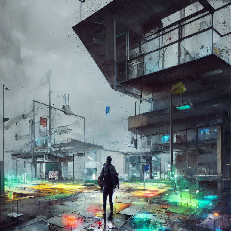 Solitary figure in futuristic urban setting with neon lights