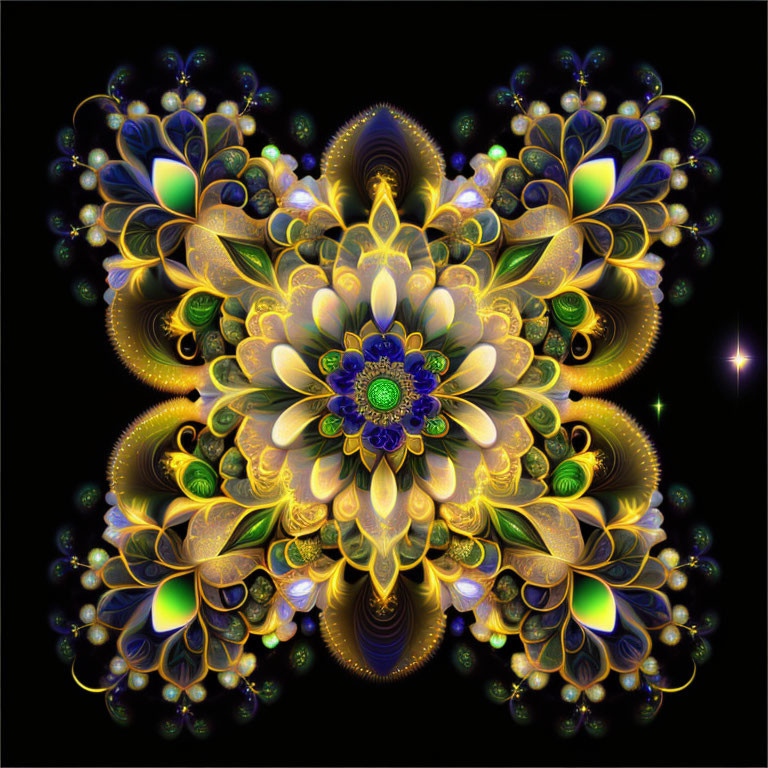 Symmetrical Floral Fractal Image in Yellow, Blue, and Green Hues