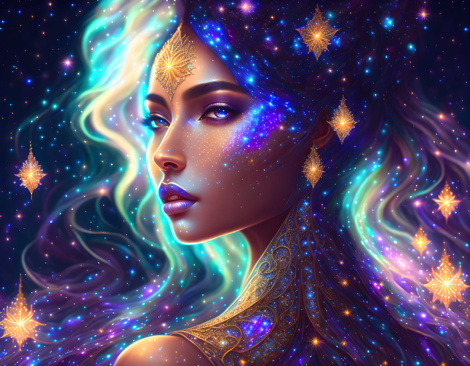 Mystical woman with cosmic features and golden tattoos in celestial setting