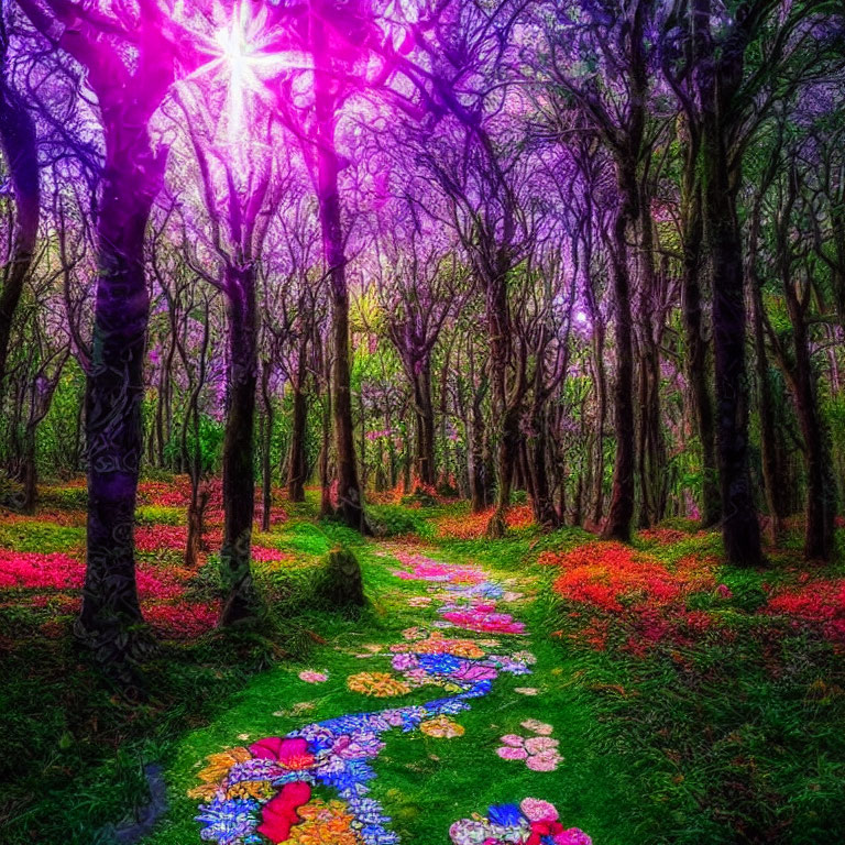 Colorful woodland scene with sunbeam, purple trees, and flower pathway