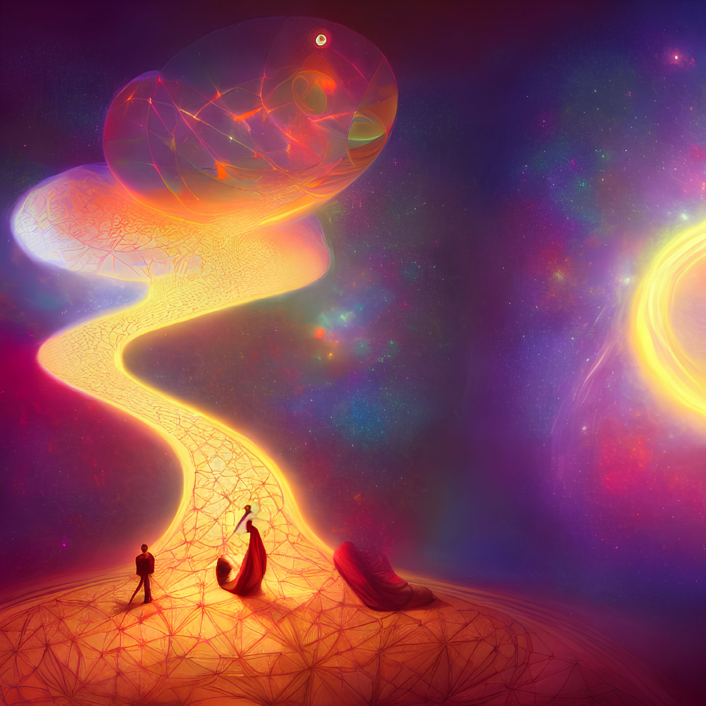 Vibrant cosmic landscape with figures under giant snail structure