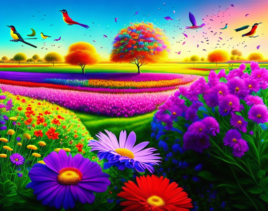 Colorful Landscape with Blooming Flowers, Multi-Colored Trees, and Birds