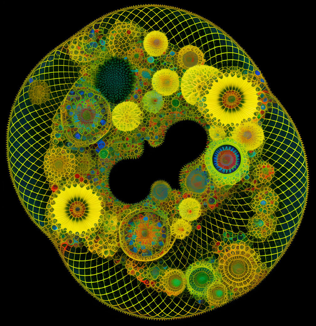 Colorful Fractal Pattern with Circular Designs on Black Background