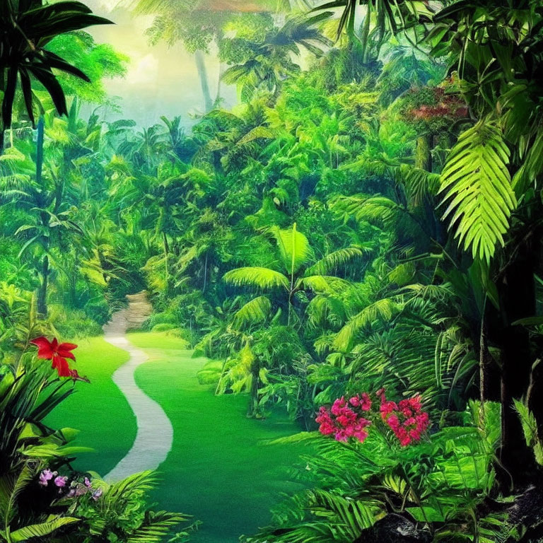 Lush Green Tropical Jungle with Curving Path & Colorful Flowers