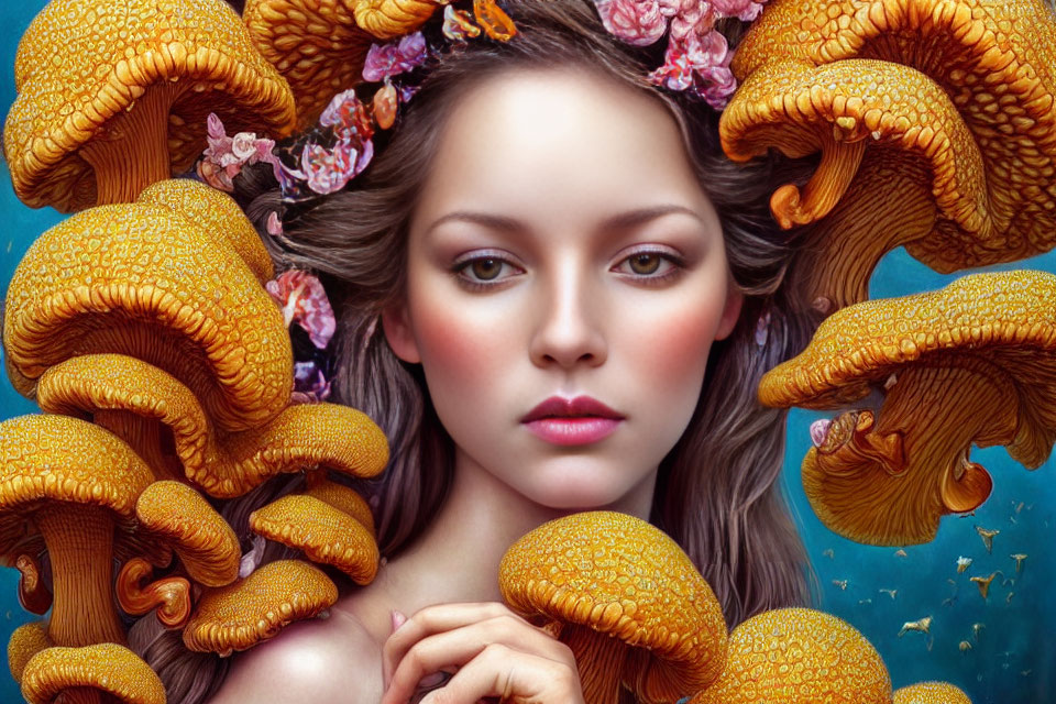 Surreal portrait of woman's face with yellow mushrooms and pink flowers on blue background