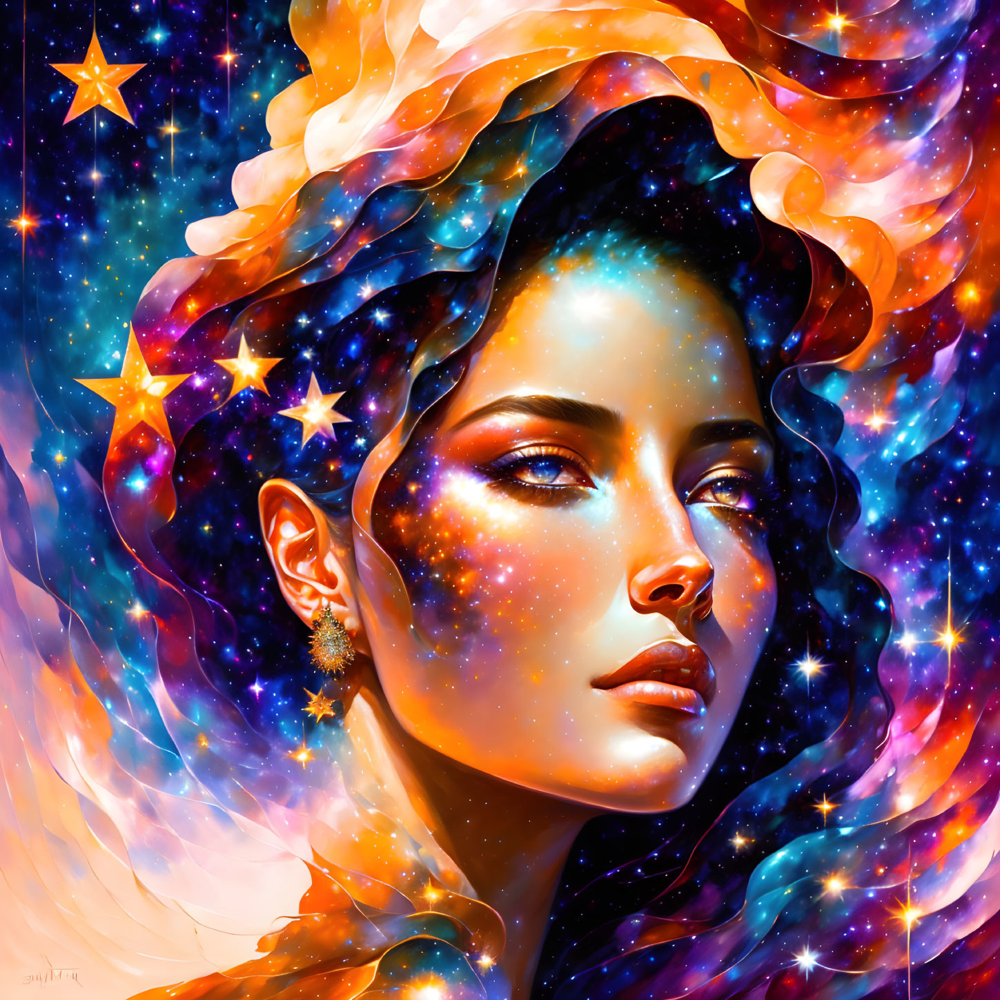 Colorful portrait of woman with cosmic skin and hair against starry backdrop