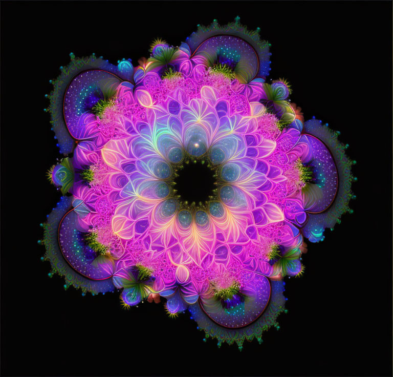 Colorful Neon Fractal Art: Psychedelic Flower in Pink, Blue, and Green