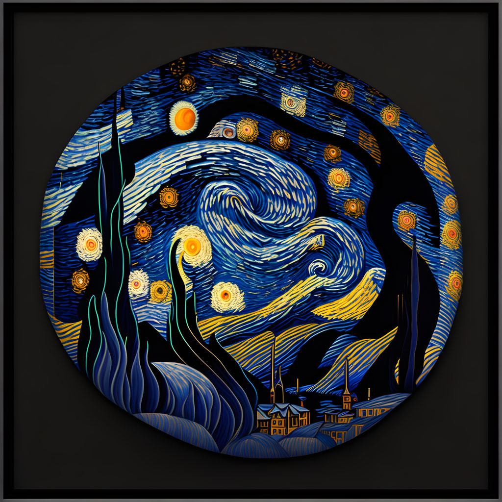 Circular swirling blue and yellow "Starry Night" depiction with village and stars.