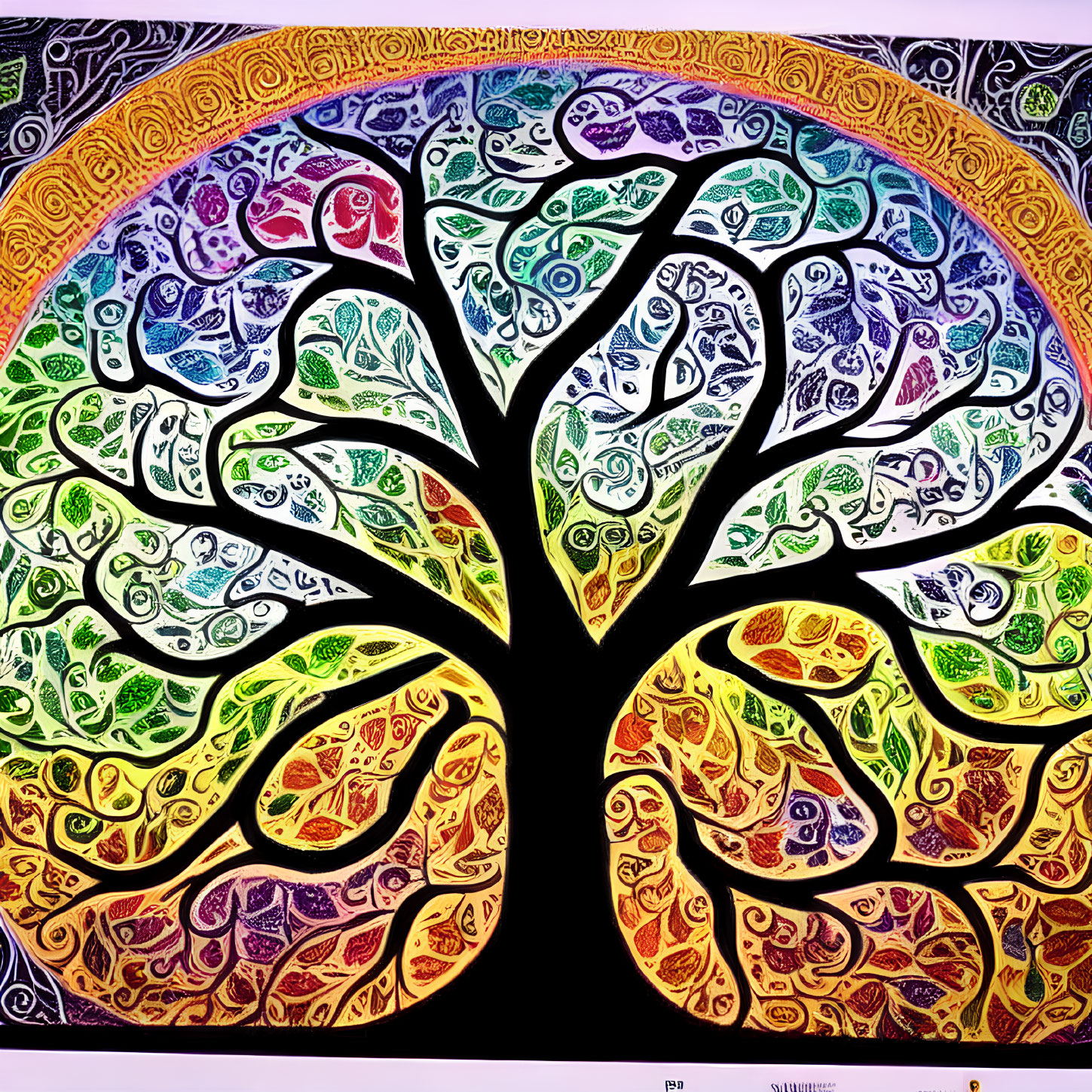 Vivid Celtic knot tree with colorful leaves on black background