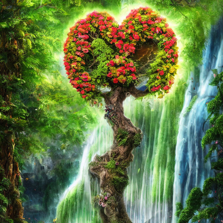 Fantasy tree with heart-shaped red flower canopy near waterfall