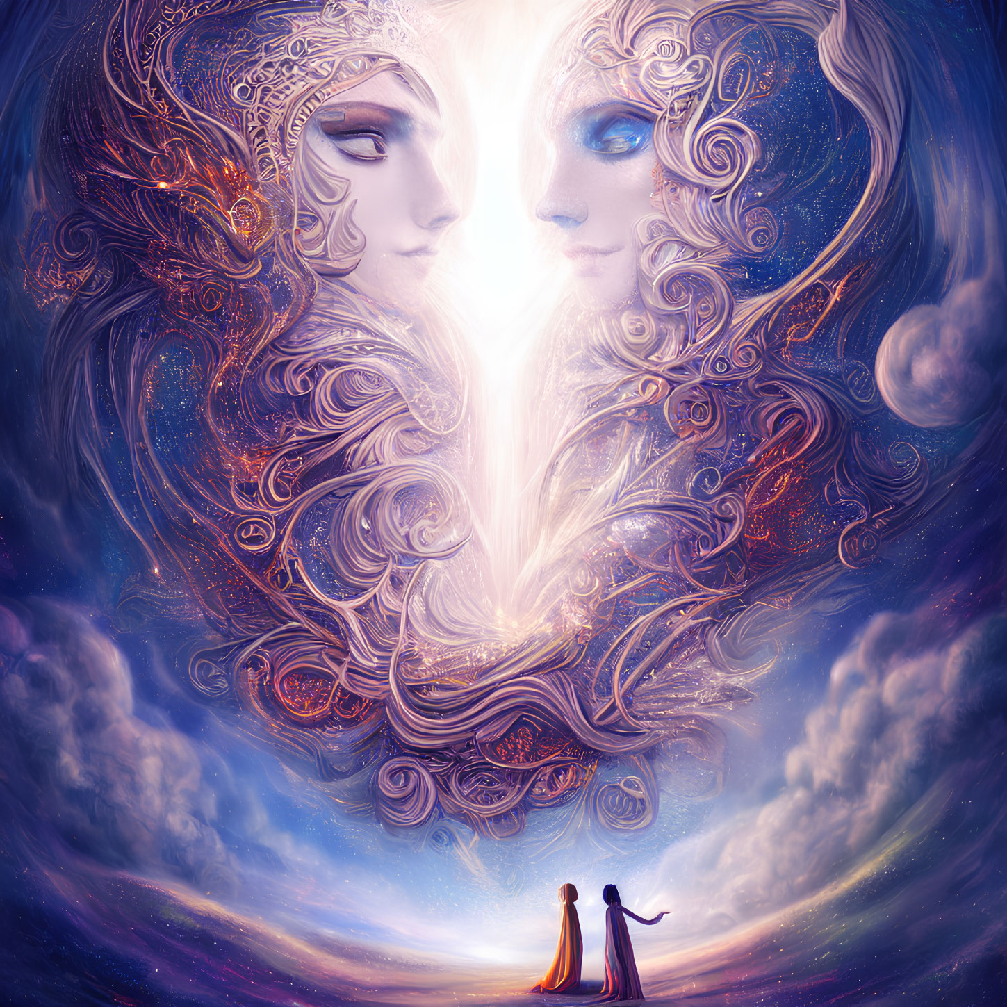 Ethereal figures under cosmic tapestry of intertwined faces