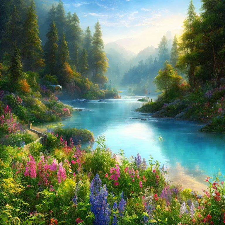 Tranquil Landscape with Blue River and Lush Greenery