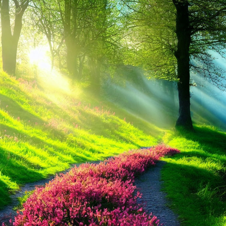 Sunlight-dappled woodland path with pink flowers & lush green grass