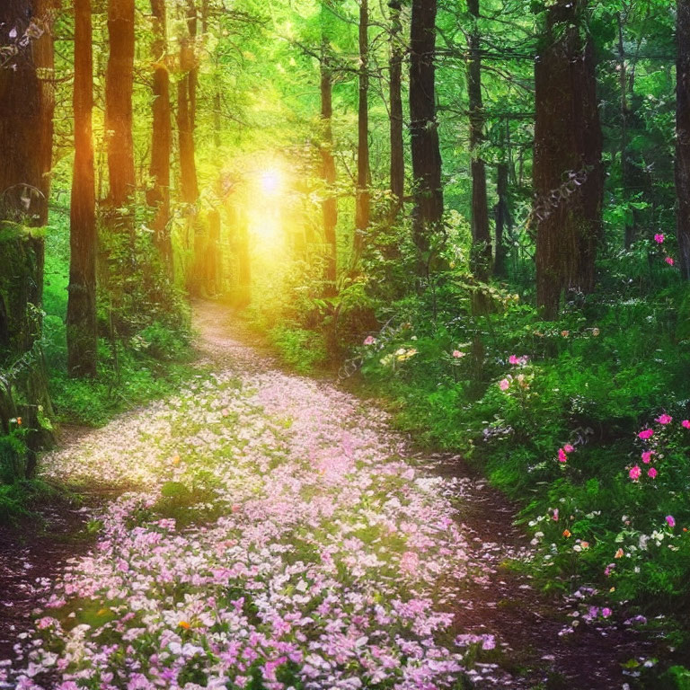 Forest Path at Sunset with Pink and White Flowers