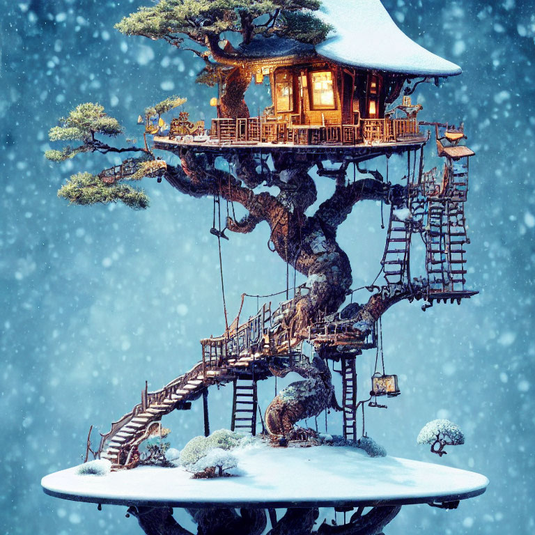 Snow-covered bonsai tree with illuminated treehouse in serene snowfall