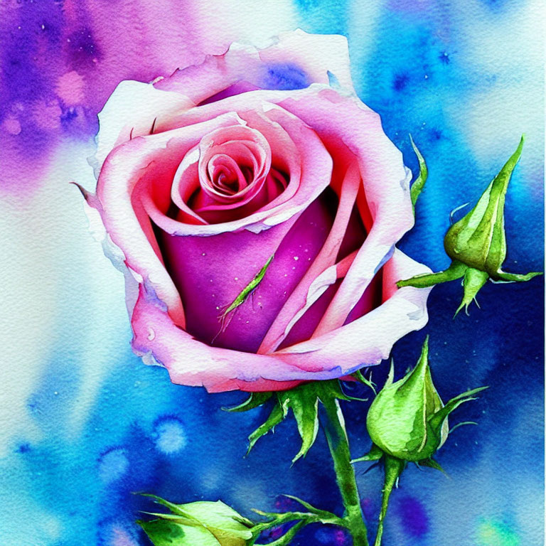 Colorful Watercolor Painting of Pink Rose with Blue and Purple Surroundings