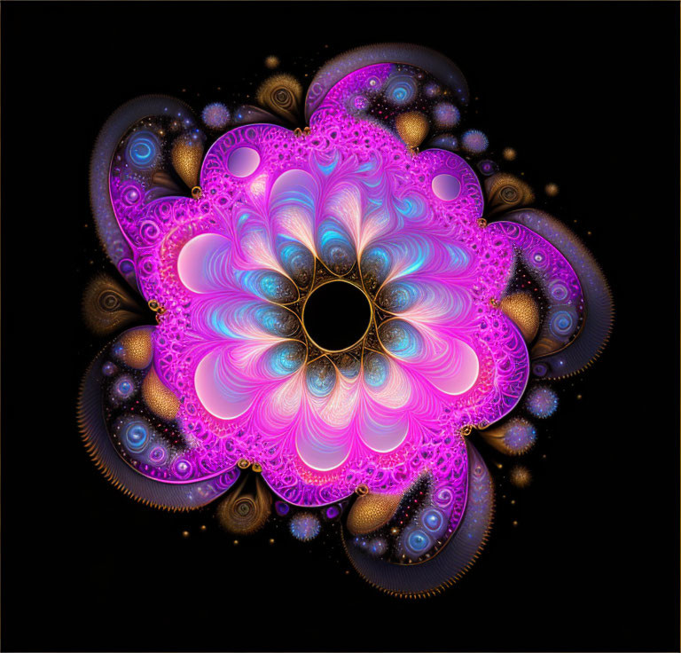 Intricate Purple, Blue, and Gold Fractal Flower Design