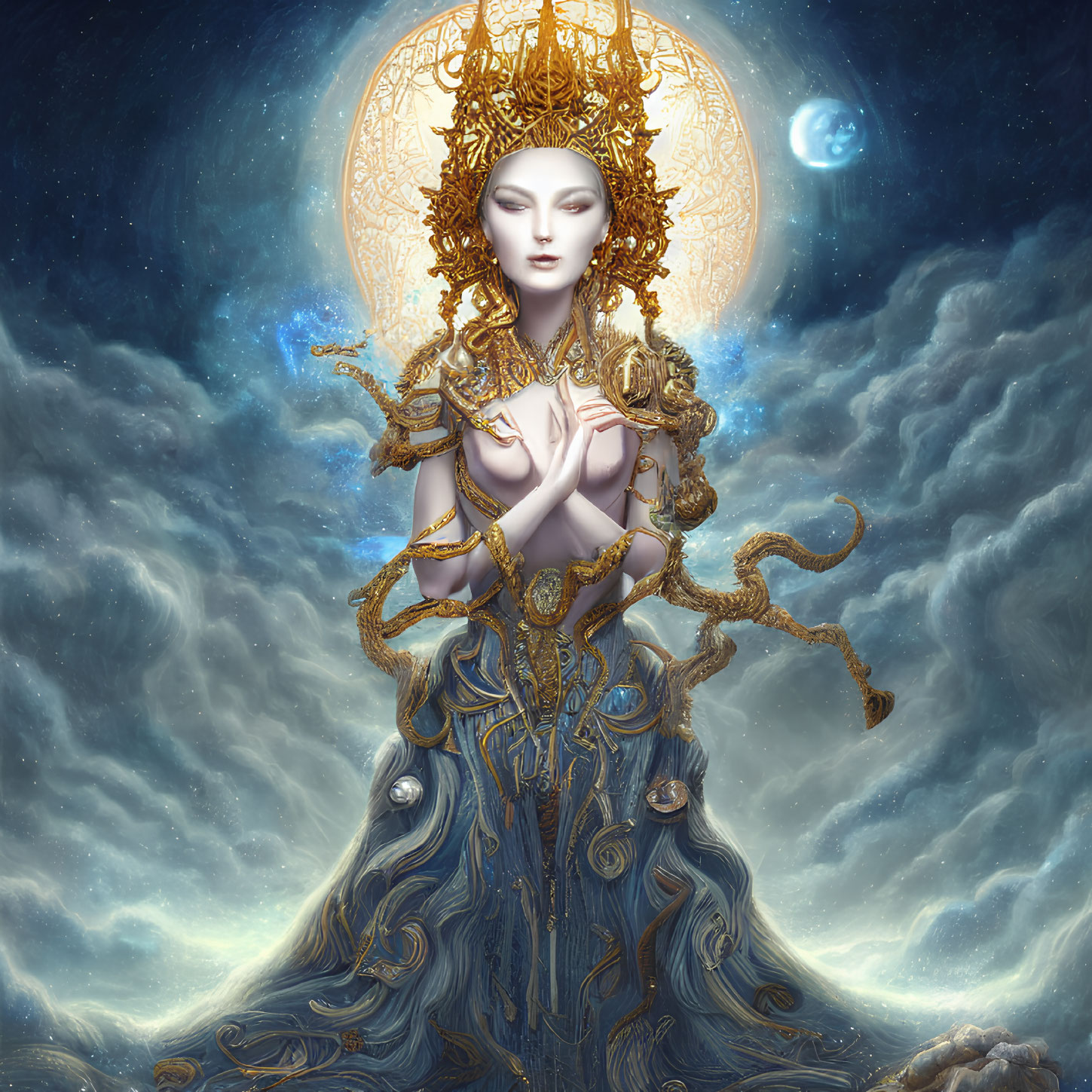 Ethereal woman with golden crown in celestial setting