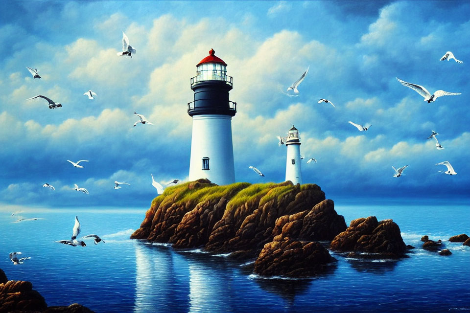 Scenic lighthouse on grassy islet in serene sea under cloudy sky