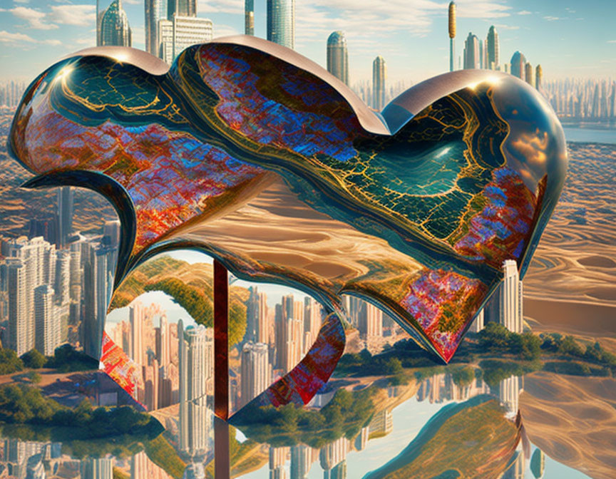 Surreal heart-shaped structure in futuristic cityscape