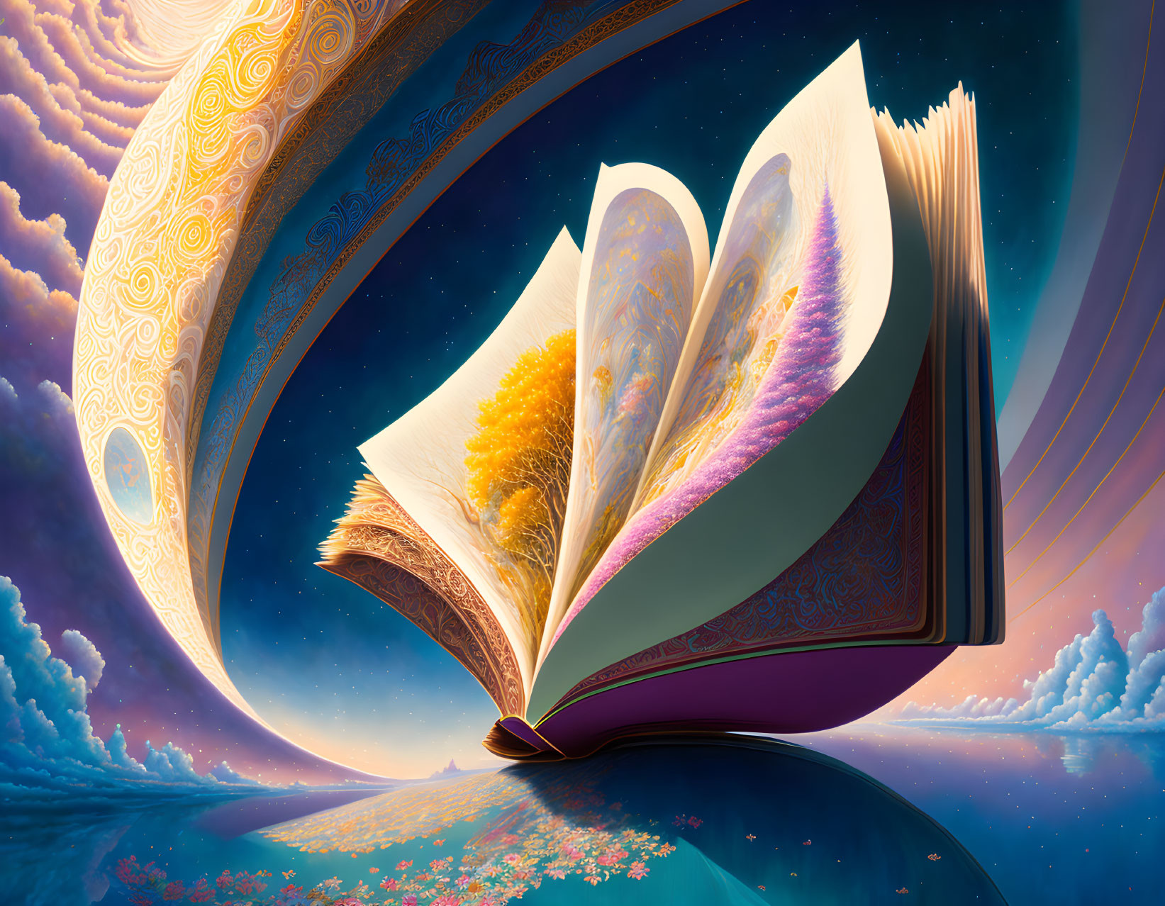 Fantasy illustration of open book transforming into vivid landscape.