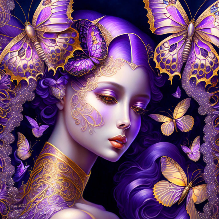 Stylized image of woman with purple hair and golden adornments surrounded by vibrant butterflies