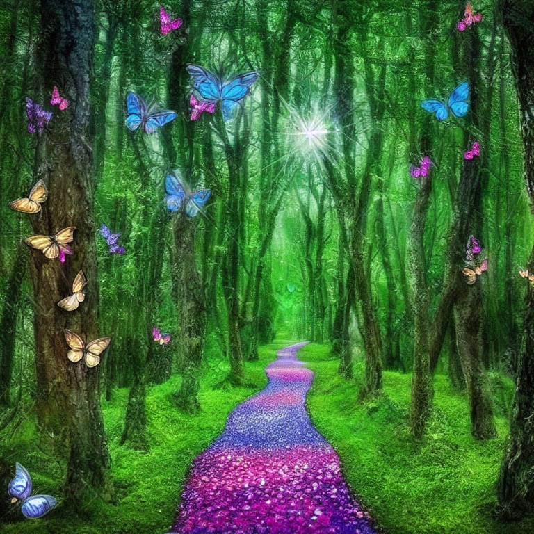 Moss-covered forest path with purple petals, sunlight, and butterflies