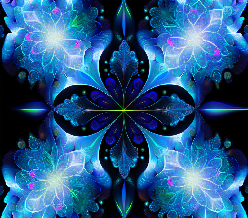 Symmetrical floral fractal art in neon blue and purple hues