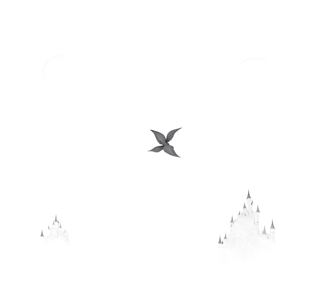 Single bird in flight over faint castle outlines on white background
